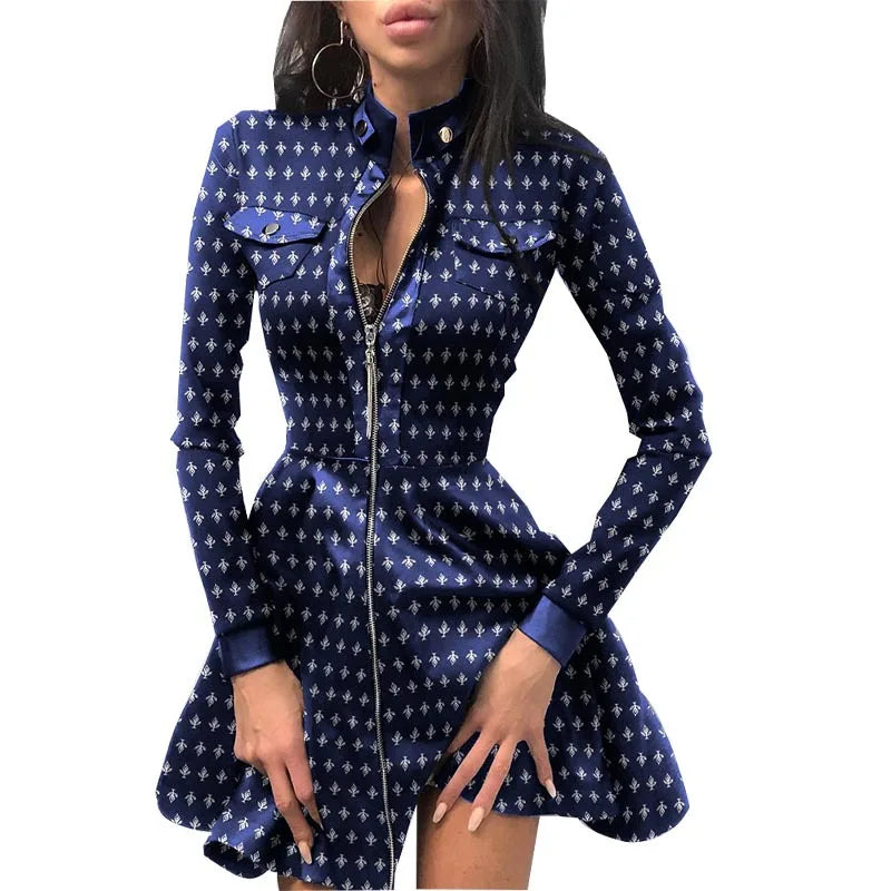 Lace Patchwork Stand Neck Mini Dress — Long Sleeve Zipper Slim Sheath | Party Club | 4 Styles | S–5XL