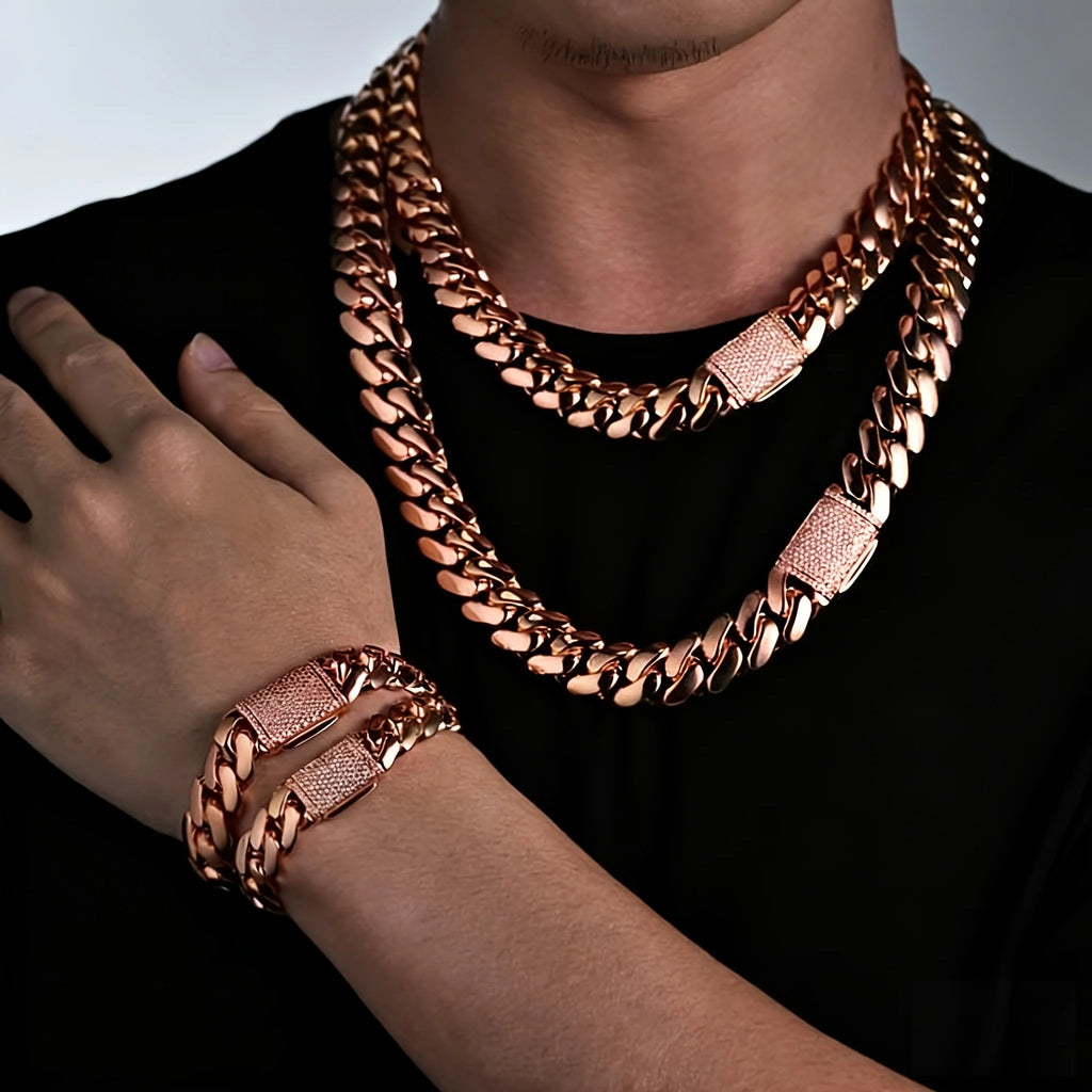 8-22mm Rose Gold  316L Stainless Steel  Cuban Miami Link Chain Iced Out CZ Box Clasp Necklace Fashion Hip Hop Unisex Jewelry
