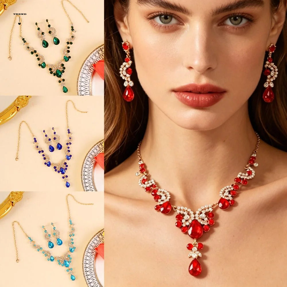 Luxury Rhinestone Jewelry Set Elegant Shiny Necklace Earrings Set Adjustable Waterdrop Pendant Wedding Bridal Accessories