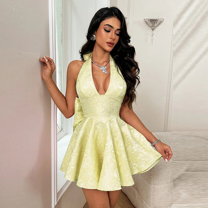 Evening Party Dresses Women 2025 Summer Sexy Bow Halter Long Dress Elegant Jacquard Lace Up Backless Birthday Robe