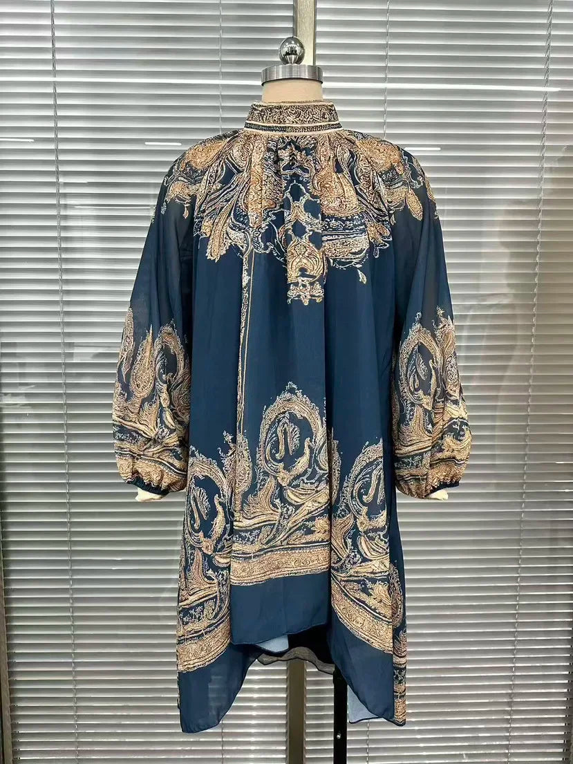 2026 hot  European and American turtleneck printed chiffon dress loose vacation style shawl long-sleeved women's dress