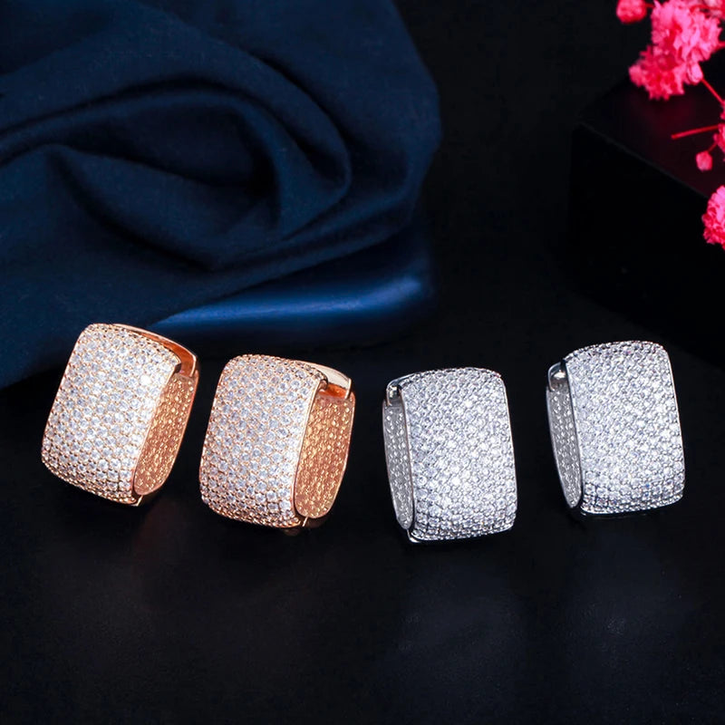 Huitan Full Cubic Zirconia Hoop Earrings for Women Bling Bling Temperament Female Ear Accessories Luxury Bridal Wedding Jewelry